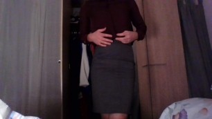 Sexy crossdresser secretary ejaculating just for you in silk and skirt