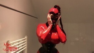 Inflatable figure pants under a big boob catsuit