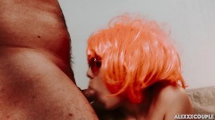 Amateur wife in pink wig sucking cock and fucking doggystyle