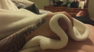 Jerking off with fleece blanket cumshot