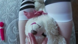 Girl loves to play with teddy. Real orgasm