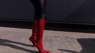 Walking outdoors in red pointed Lorenzi boots