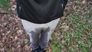 Peeing my grey jeans in the woods