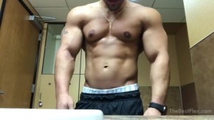Muscle Stud Flexes to show his huge guns, big pecs, and nips