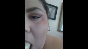Horny And Wet SSBBW Gives Sloppy BlowJob To Her Dildo At Home