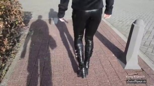 Walking in Bondage Leather High Heel Boots and Latex Leggings outdoor (2)
