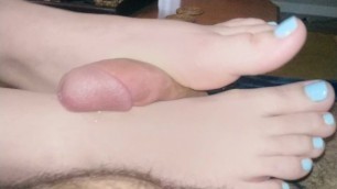 GF rubs my cock with her feet until I cum all over them