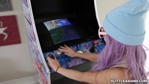 Stud throws Vina Sky up on the arcade machine and licks her pussy