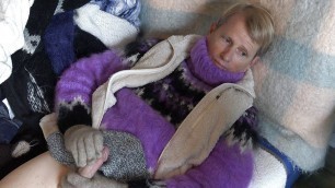 Mohair Turtleneck Purple Sweater with Fleece and Angora, masturbation cum shot on a sock