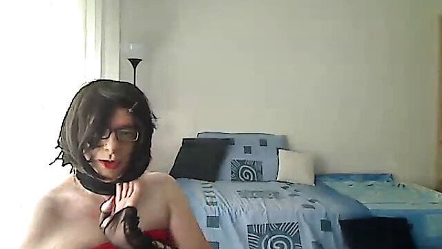 MILF trans lady in red dress and red heels speaks in sexy voice and touches herself