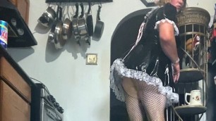 Sissy Maid does her chores in PVC French Maid dress for her pimp