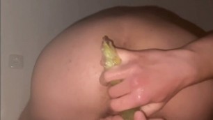 Fucking my ass with cucumber and banana