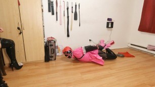 Crawling Hogtied with 10lb Weight Tied to Balls in Chastity and Gagged