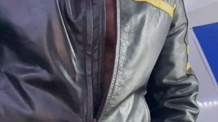 Bearded guy in leather jacket fucks his leather glove