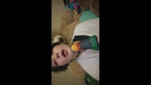 Little slut sucking on a rainbow cock for daddy and mommy