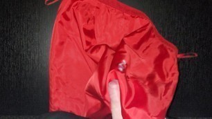 Cum on the lined red office skirt.