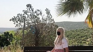Sissy slut in chastity and sexy lingerie fucked raw outdoors  besides the street