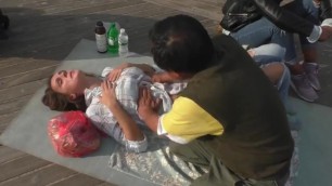 Creepy ticklish massage on public