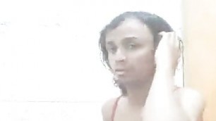Indian Desi village cross dresser shemal cd gay boy showing full nude body in shower water bathroom ass body dick boobs